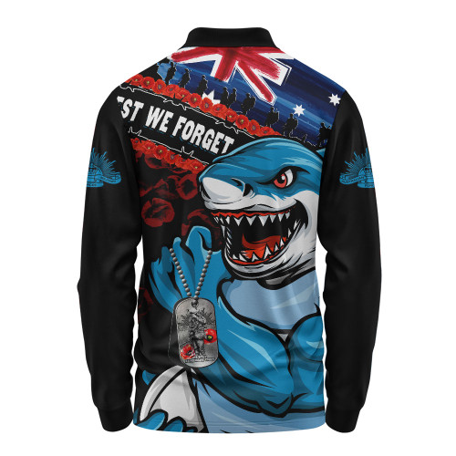 Cronulla-Sutherland Sharks Long Sleeve Polo Shirt Anzac Remembrance Of The Fallen