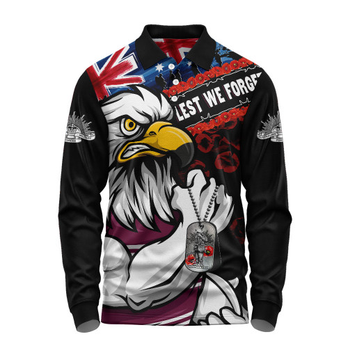 Manly Warringah Sea Eagles Long Sleeve Polo Shirt Anzac Remembrance Of The Fallen