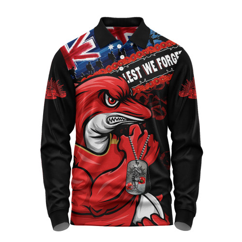 Redcliffe Dolphins Long Sleeve Polo Shirt Anzac Remembrance Of The Fallen