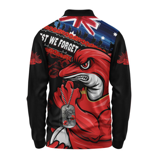 Redcliffe Dolphins Long Sleeve Polo Shirt Anzac Remembrance Of The Fallen