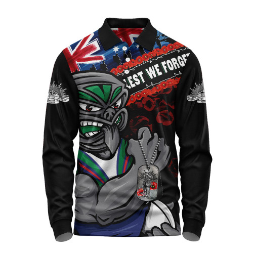 New Zealand Warriors Long Sleeve Polo Shirt Anzac Remembrance Of The Fallen