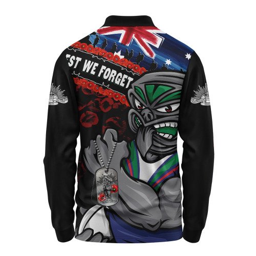 New Zealand Warriors Long Sleeve Polo Shirt Anzac Remembrance Of The Fallen
