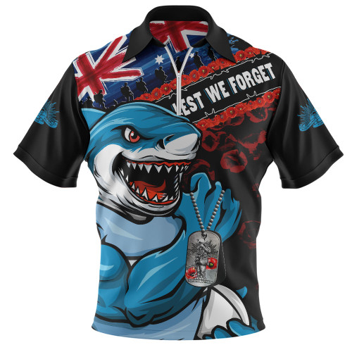 Cronulla-Sutherland Sharks Zip Polo Shirt Anzac Remembrance Of The Fallen