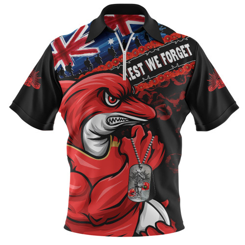 Redcliffe Dolphins Zip Polo Shirt Anzac Remembrance Of The Fallen