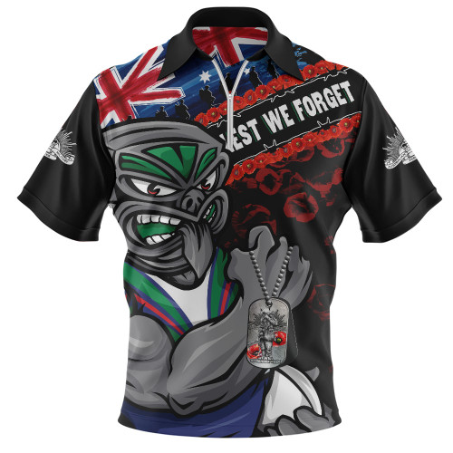 New Zealand Warriors Zip Polo Shirt Anzac Remembrance Of The Fallen