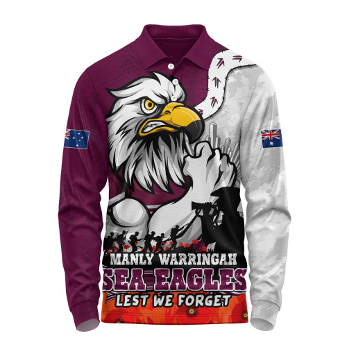 Manly Warringah Sea Eagles Long Sleeve Polo Shirt Anzac Day Remembrance Of Courage Loyalty Valor