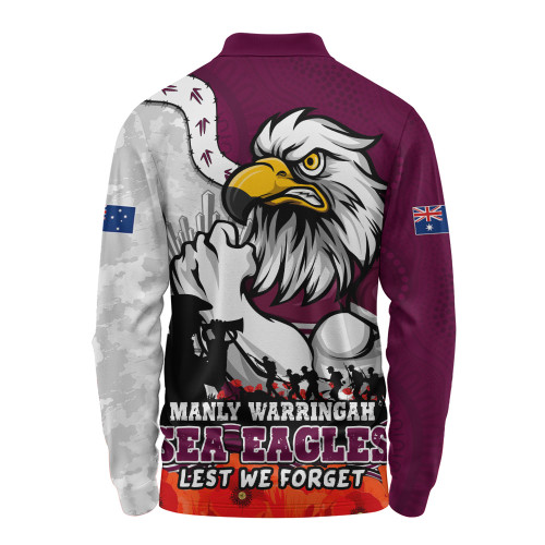 Manly Warringah Sea Eagles Long Sleeve Polo Shirt Anzac Day Remembrance Of Courage Loyalty Valor