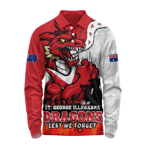 St. George Illawarra Dragons Long Sleeve Polo Shirt Anzac Day Remembrance Of Courage Loyalty Valor