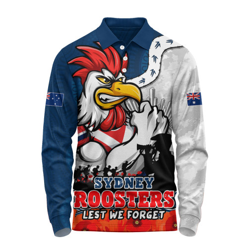 Sydney Roosters Long Sleeve Polo Shirt Anzac Day Remembrance Of Courage Loyalty Valor