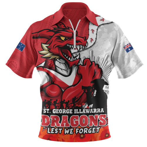 St. George Illawarra Dragons Zip Polo Shirt Anzac Day Remembrance Of Courage Loyalty Valor