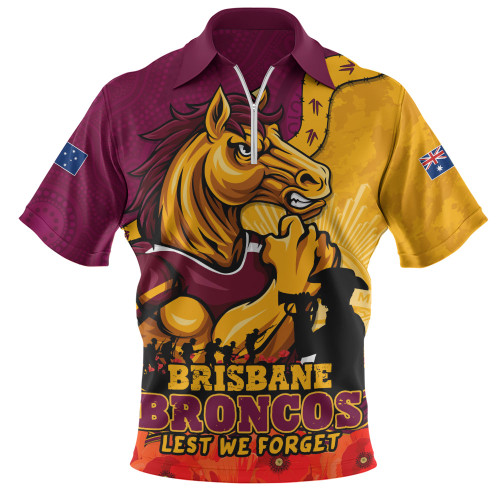 Brisbane Broncos Zip Polo Shirt Anzac Day Remembrance Of Courage Loyalty Valor