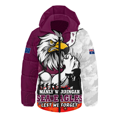 Manly Warringah Sea Eagles Hooded Padded Jacket Anzac Day Remembrance Of Courage Loyalty Valor