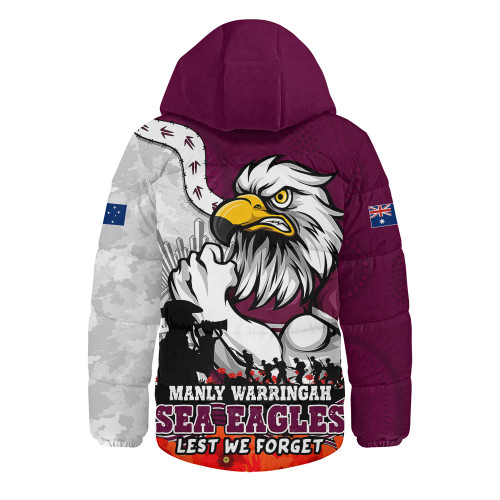 Manly Warringah Sea Eagles Hooded Padded Jacket Anzac Day Remembrance Of Courage Loyalty Valor