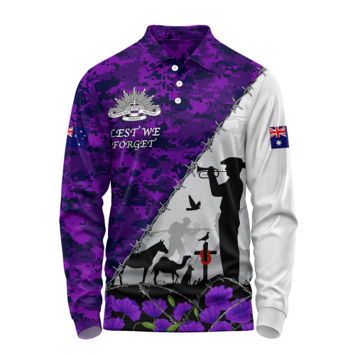 Australia Long Sleeve Polo Shirt Anzac Day Two Sides Of Service Purple Poppy Remembrance
