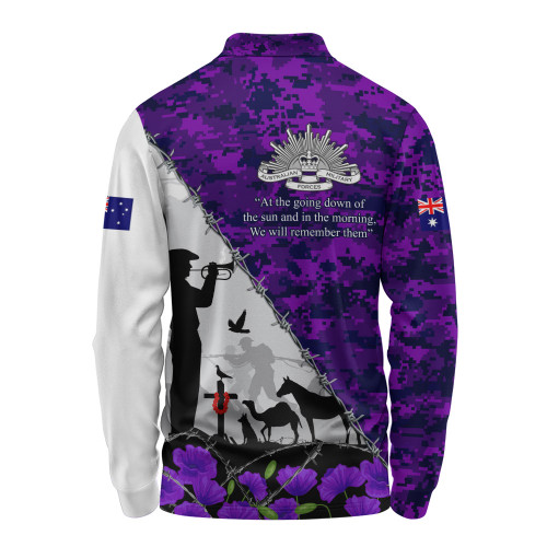 Australia Long Sleeve Polo Shirt Anzac Day Two Sides Of Service Purple Poppy Remembrance