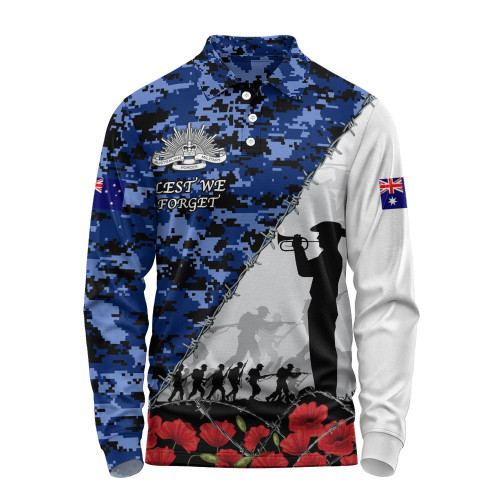Australia Long Sleeve Polo Shirt Anzac Day Poppy And Barbed Wire Of Service