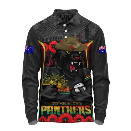 Penrith Panthers Long Sleeve Polo Shirt Lest We Forget In Honor And Remembrance