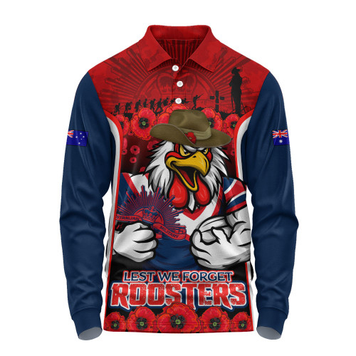 Sydney Roosters Long Sleeve Polo Shirt Lest We Forget In Honor And Remembrance