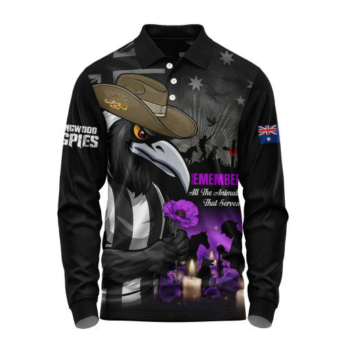 Collingwood Long Sleeve Polo Shirt Anzac Day In Memory Of Animals That Served