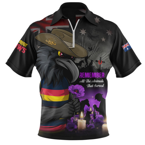 Adelaide Crows Zip Polo Shirt Anzac Day In Memory Of Animals That Served