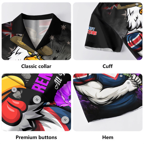 Sydney Roosters Hawaiian Shirt Anzac Day Purple Poppy And Animals That Served