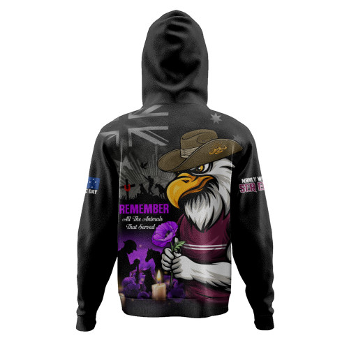 Manly Warringah Sea Eagles Hoodie Anzac Day Purple Poppy And Animals That Served
