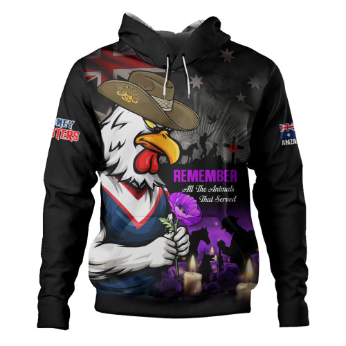 Sydney Roosters Hoodie Anzac Day Purple Poppy And Animals That Served