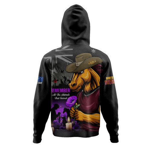 Brisbane Broncos Hoodie Anzac Day Purple Poppy And Animals That Served