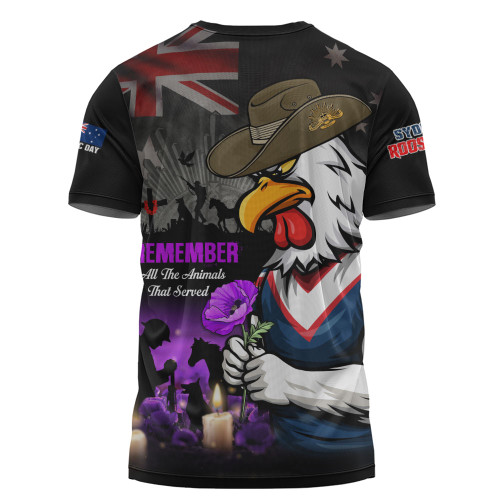 Sydney Roosters T-Shirt Anzac Day Purple Poppy And Animals That Served