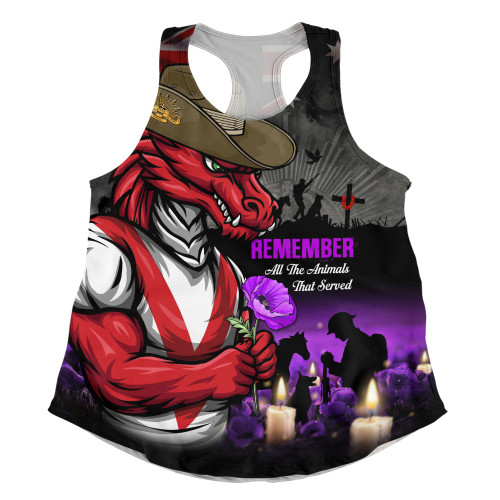 St. George Illawarra Dragons Women Racerback Singlet Anzac Day Purple Poppy And Animals That Served