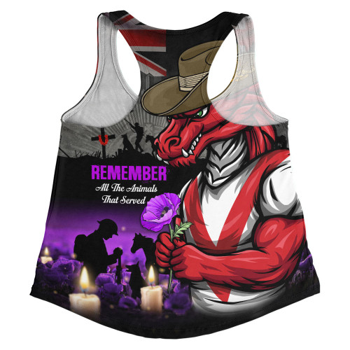 St. George Illawarra Dragons Women Racerback Singlet Anzac Day Purple Poppy And Animals That Served