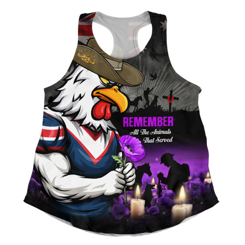 Sydney Roosters Women Racerback Singlet Anzac Day Purple Poppy And Animals That Served