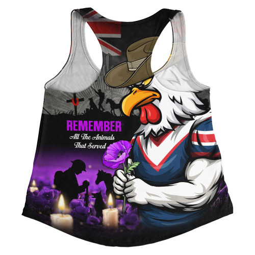 Sydney Roosters Women Racerback Singlet Anzac Day Purple Poppy And Animals That Served