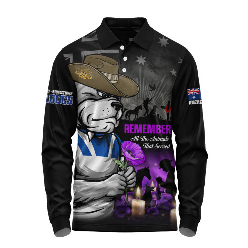 Canterbury-Bankstown Bulldogs Long Sleeve Polo Shirt Anzac Day Purple Poppy And Animals That Served