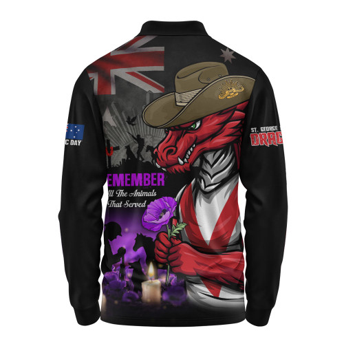 St. George Illawarra Dragons Long Sleeve Polo Shirt Anzac Day Purple Poppy And Animals That Served