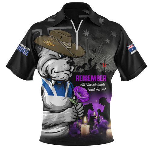 Canterbury-Bankstown Bulldogs Zip Polo Shirt Anzac Day Purple Poppy And Animals That Served