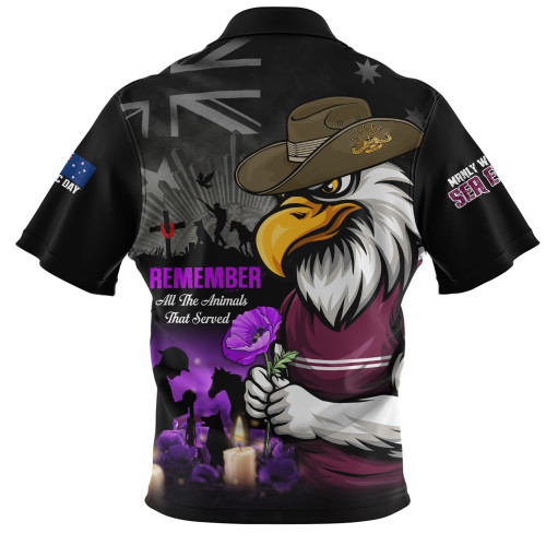 Manly Warringah Sea Eagles Zip Polo Shirt Anzac Day Purple Poppy And Animals That Served