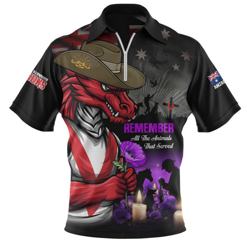 St. George Illawarra Dragons Zip Polo Shirt Anzac Day Purple Poppy And Animals That Served