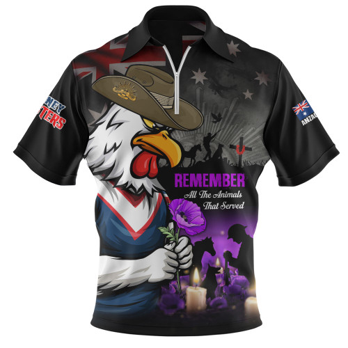 Sydney Roosters Zip Polo Shirt Anzac Day Purple Poppy And Animals That Served