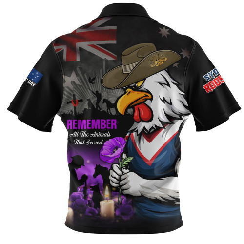 Sydney Roosters Zip Polo Shirt Anzac Day Purple Poppy And Animals That Served