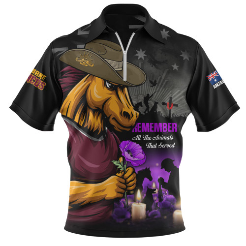 Brisbane Broncos Zip Polo Shirt Anzac Day Purple Poppy And Animals That Served
