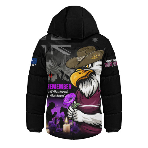 Manly Warringah Sea Eagles Hooded Padded Jacket Anzac Day Purple Poppy And Animals That Served