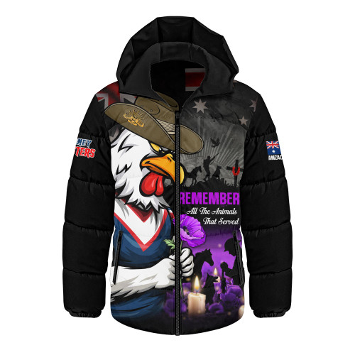 Sydney Roosters Hooded Padded Jacket Anzac Day Purple Poppy And Animals That Served