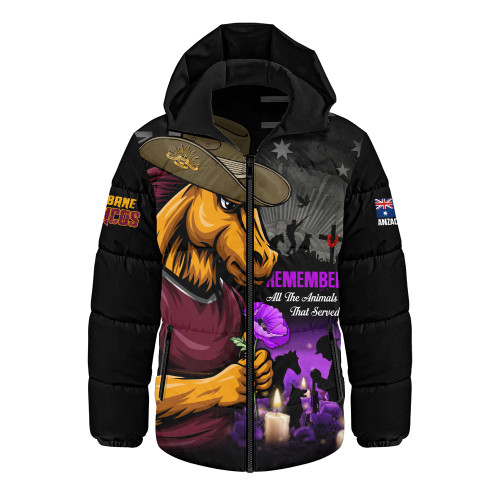 Brisbane Broncos Hooded Padded Jacket Anzac Day Purple Poppy And Animals That Served