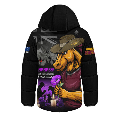 Brisbane Broncos Hooded Padded Jacket Anzac Day Purple Poppy And Animals That Served