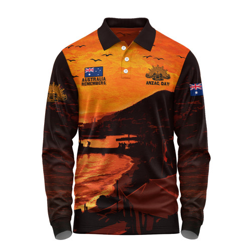 Australia Long Sleeve Polo Shirt Australia Remembers In Sacred Dawn