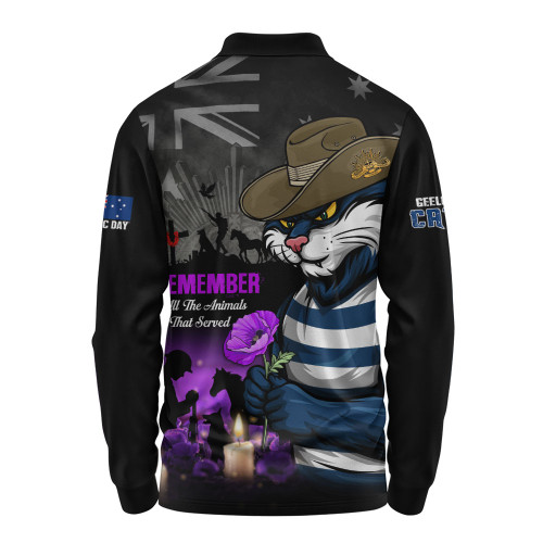 Geelong Cats Long Sleeve Polo Shirt Anzac Day In Memory Of Animals That Served