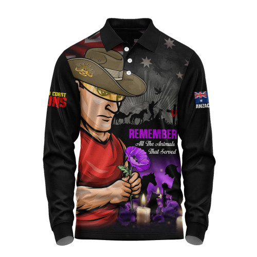 Gold Coast SUNS Long Sleeve Polo Shirt Anzac Day In Memory Of Animals That Served