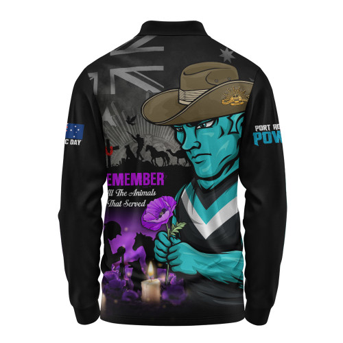 Port Adelaide Long Sleeve Polo Shirt Anzac Day In Memory Of Animals That Served
