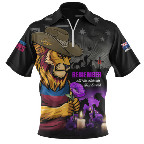 Brisbane Lions Zip Polo Shirt Anzac Day In Memory Of Animals That Served